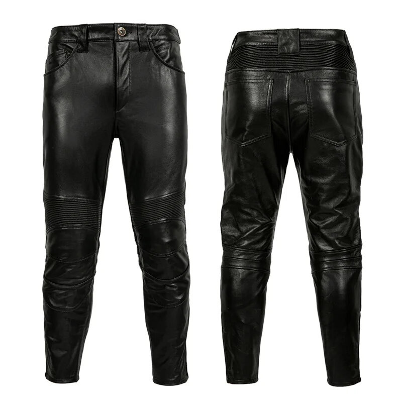 Calças de couro real para motocicleta masculina, calças de couro motorizado, protetores, moda outono
