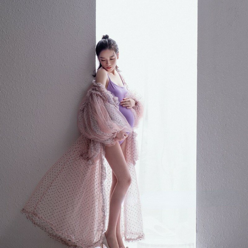 Różowy tiul fotografia ciążowa suknia rękaw typu bombka szale Party Dress kobiety sukienka ciążowa sesja zdjęciowa rekwizyty