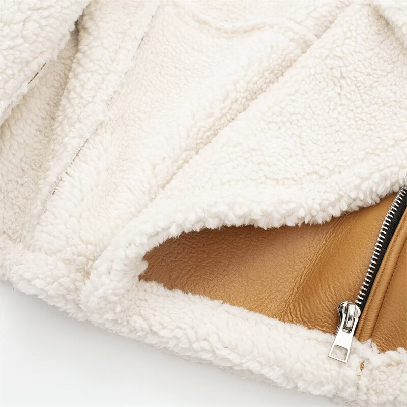Keyanketian-Jaqueta de couro artificial feminina de lã grossa, casaco retrô assimétrico com zíper, top cropped, moda inverno, nova