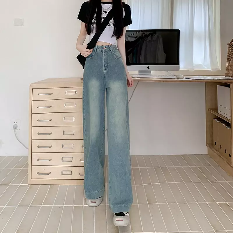 Vintage wide-legged jeans women 2024 summer new washed blue casual high-waisted straight pants loose drag pants