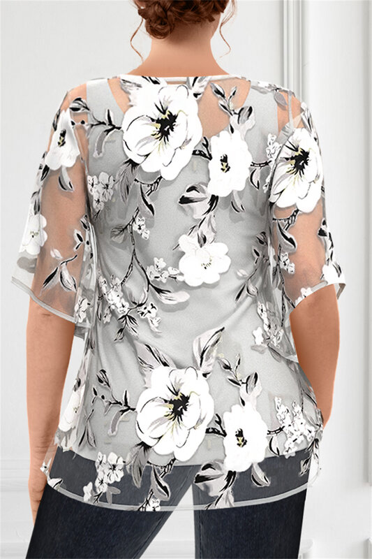 Flycurvy Plus Size elegante schwarze Chiffon durchsichtige Blumen druck zweiteilige Bluse