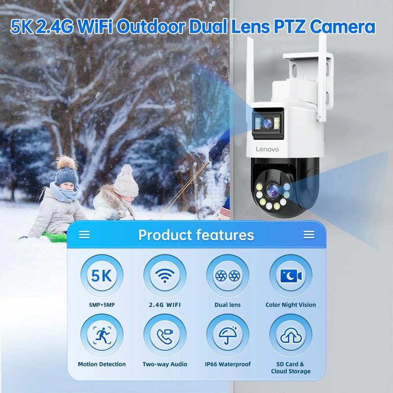 Lenovo 5K PTZ WIFI Camera Dual Lens Dual Screen IP Camera Outdoor IP66 Waterproof Surveillance Camera Full Color Night Vision