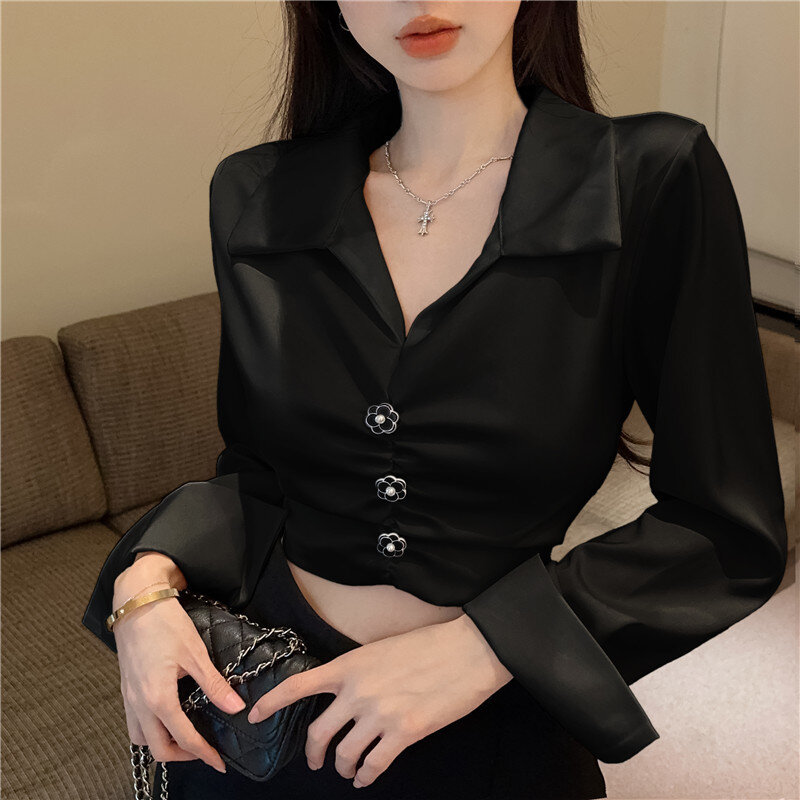 Tops Femme 2023 Y2K Spring French Vintage Simple Solid V-Neck Drawcord Casual Thin Long Sleeve Shirts