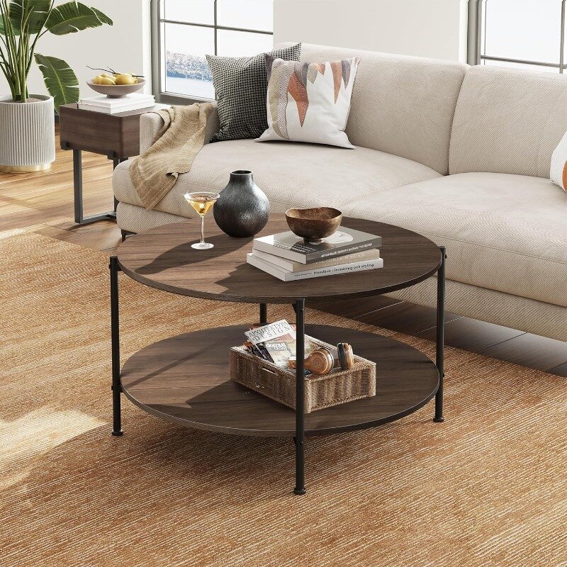 Mesa de café redonda com prateleira de armazenamento, mesa de estar, mesa de madeira, moderno, 2 níveis, 32 "madeira, armação de metal