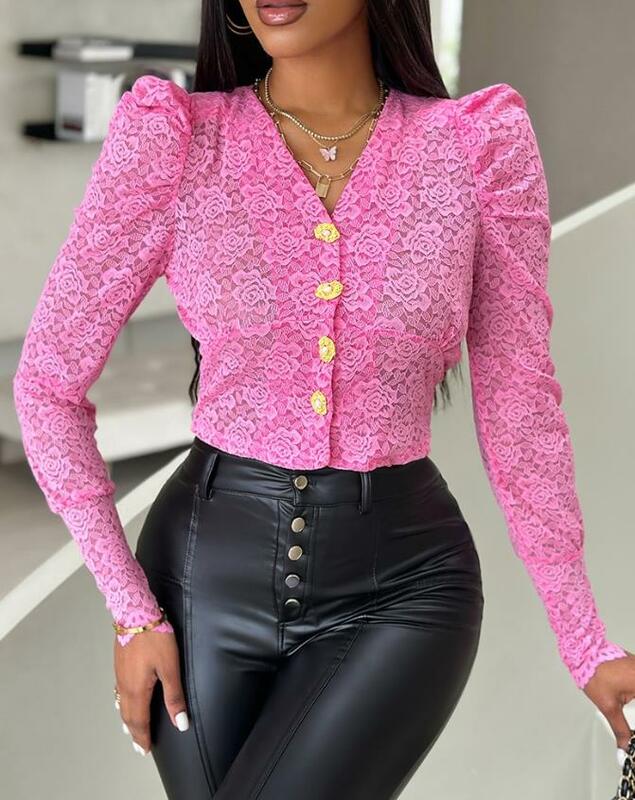 Women's Shirt 2024 Spring Floral Pattern Lace Buttoned V-Neck Blouses Daily Clothing Casual Long Sleeve Skinny Shirts Pullover