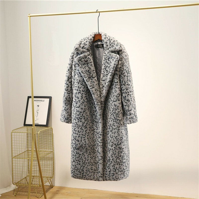 여성용 두껍고 따뜻한 레오파드 롱 테디 모피 코트, 루즈 캐주얼 여성 세트 칼라 토끼 모피 재킷, 무게추 1.7kg-1.9kg, 겨울