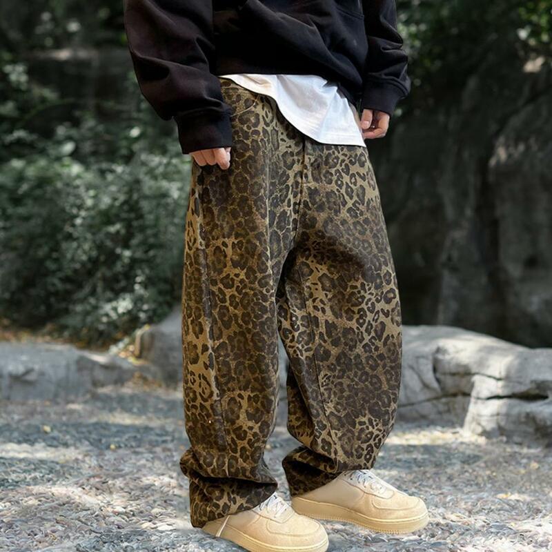Loose Fit Pants Leopard Print Hop Pants with Crotch Breathable Pockets for Men Retro Style Full Length Trousers for Streetwear