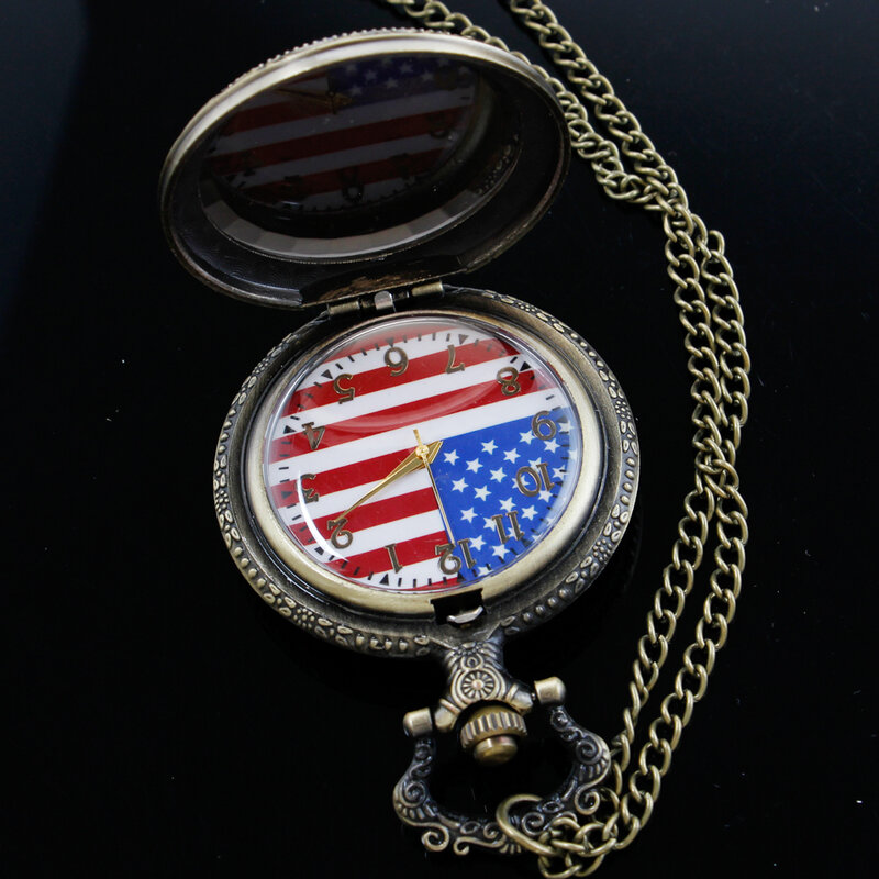 American Flag Pattern Fashion Roman Digital Quartz Steam Punk Pocket Watch Men's and Women's Necklace Pendant with Chain Gift