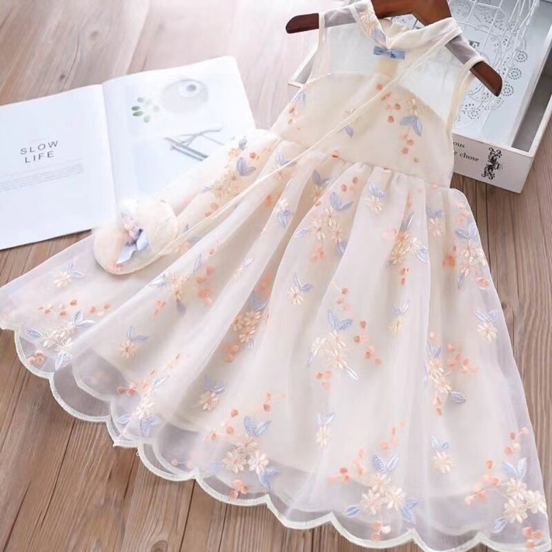 Summer Children Princess Dress Baby Girl Dress Elegant Formal Party Pageant Prom Cotton Cloth Costumes Oriental Fairy Free Bag