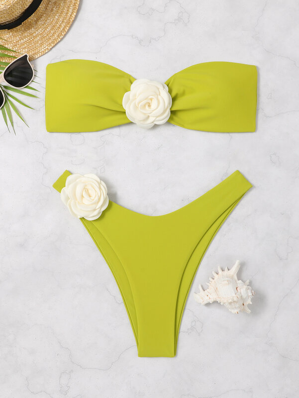 Bikini bandeau con flores en 3D para mujer, traje de baño de dos piezas triangular, tankini, color verde