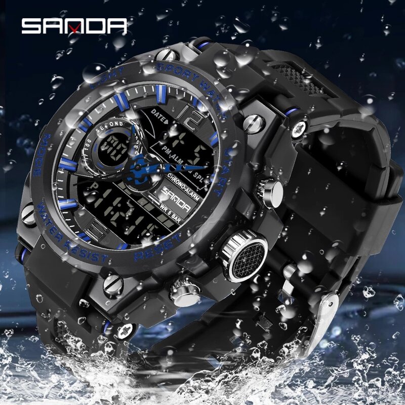 SANDA jam tangan olahraga pria, arloji merek terkenal Digital LED elektronik untuk luar ruangan tahan air 6092