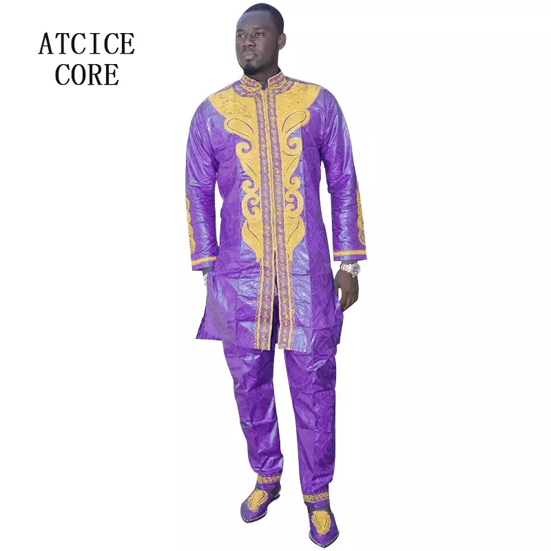 African Man Fashion Bazin Riche Embroidery Design Long Top With Pants Without Shoes