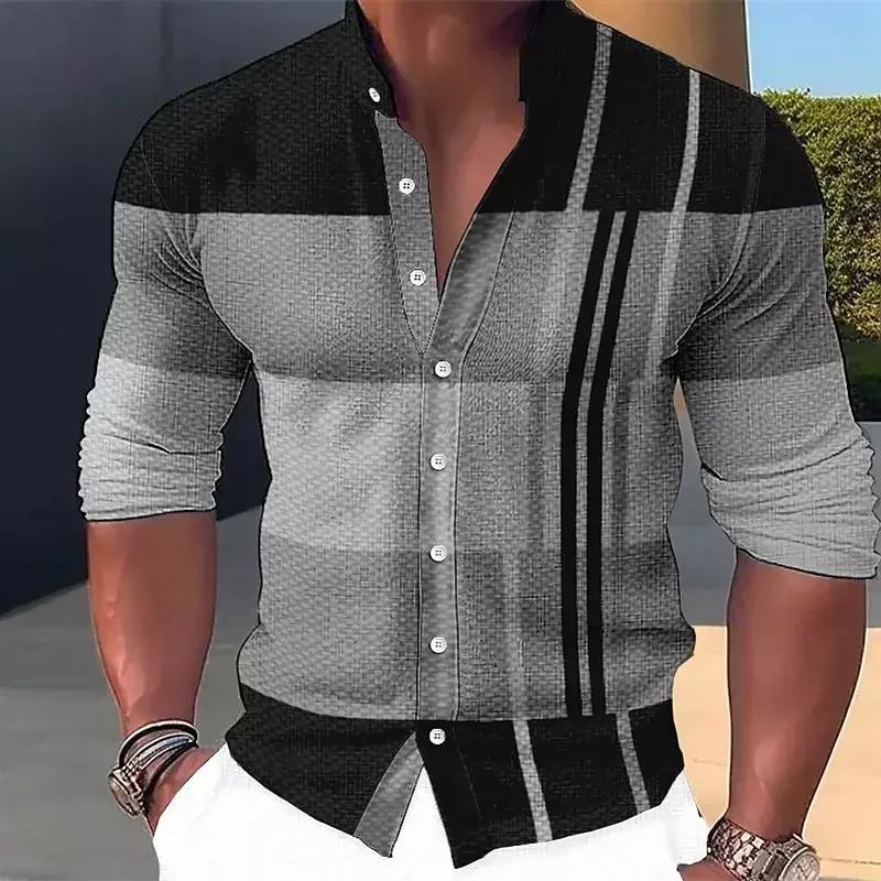 Camicia da uomo motivo a righe colletto alla coreana outdoor street manica lunga abbigliamento stampato fashion street button design top