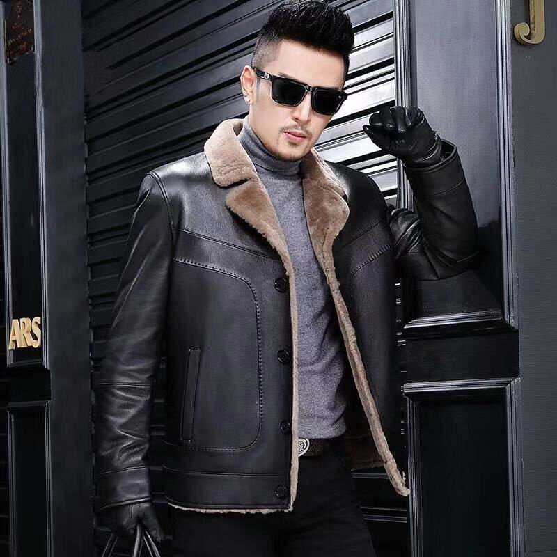 Jaqueta de couro masculina, forrada com lã, casaco grosso de inverno quente, pele de carneiro de peito único, outwear curto, C332