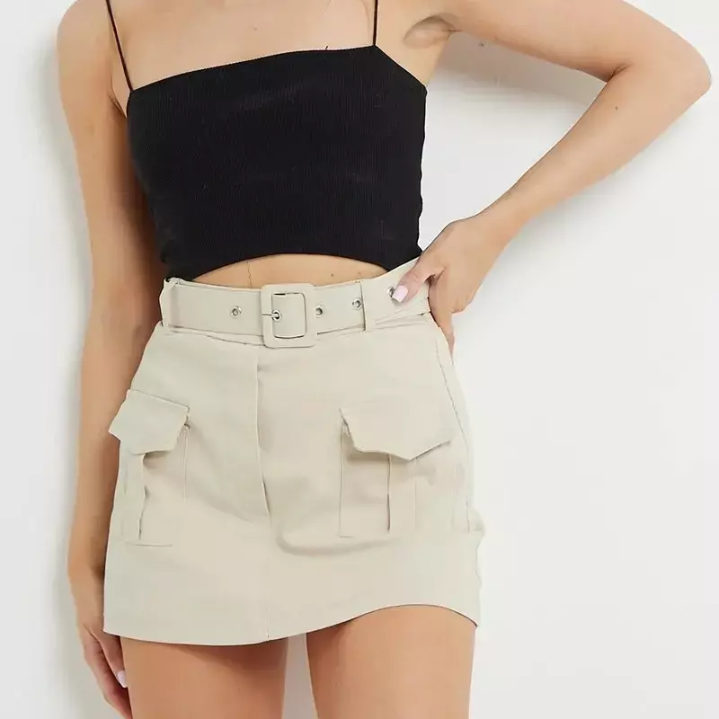 Summer Women's High Waist Fashion Pockets Mini Skirt Decorative Belt Candy Color Work Skirt Party Street Trend Short Skirt