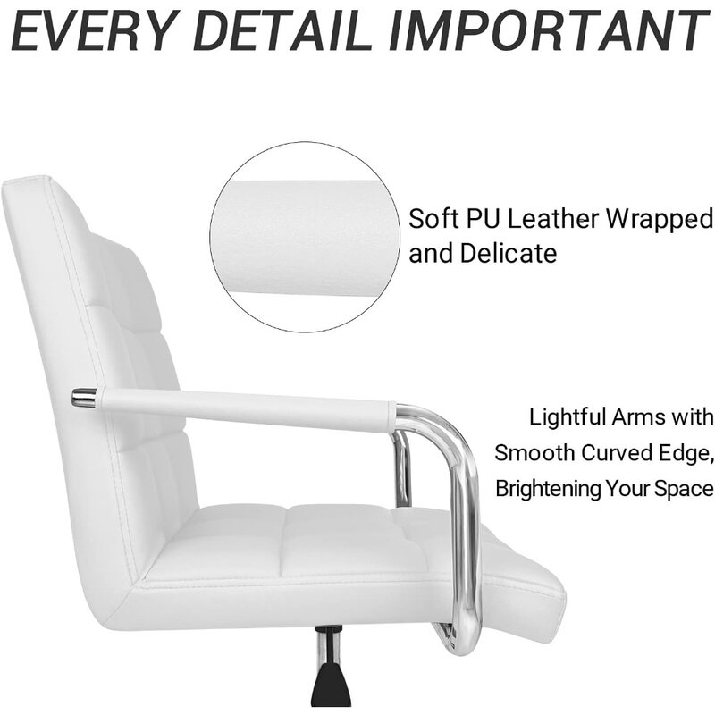 Mid-Back Office Task Chair, com nervuras cadeira de couro PU, mesa ajustável Home, retro cadeira de trabalho confortável, executivo moderno 360 graus