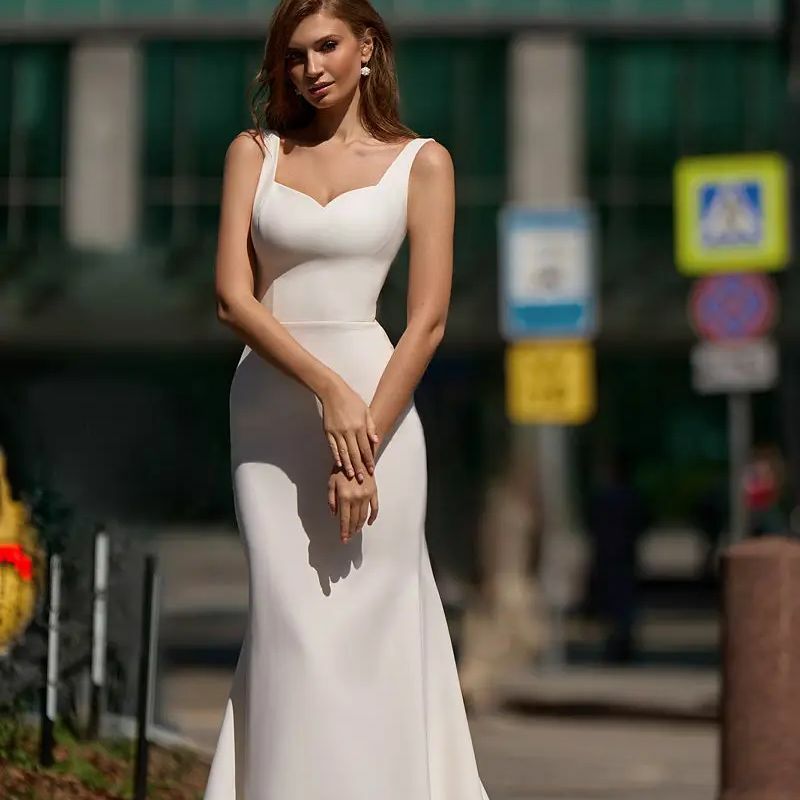 Платье Свадебное ТРАПЕЦИЕВИДНОЕ на тонких бретельках, мягкое атласное свадебное платье с юбкой-годе, элегантное платье цвета слоновой кости по индивидуальному заказу