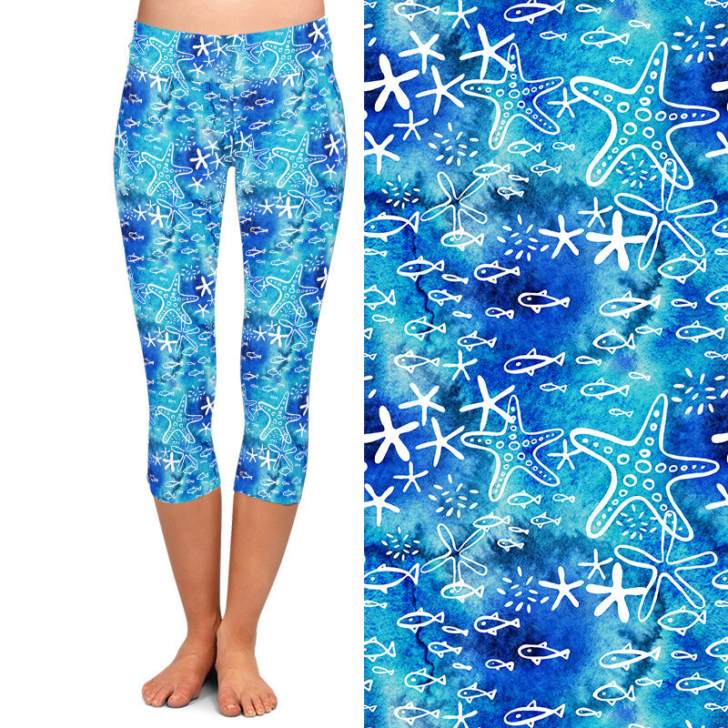 LETSFIND-mallas Capri elásticas de cintura alta para mujer, leggings con estampado de estrellas de mar y peces dibujado a mano en 3D, Sexy, Fitness, 3/4