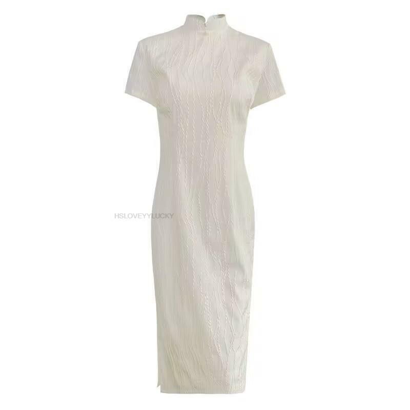 Китайское платье-Ципао, элегантное винтажное белое женское элегантное платье-Ципао с коротким рукавом, Современное женское платье Ципао