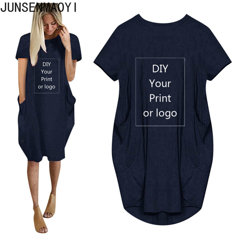 DIY Your like Photo or Logo Women Casual Loose Dress With Pocket Ladies Fashion O Neck Long Tops Female T Shirt Dress