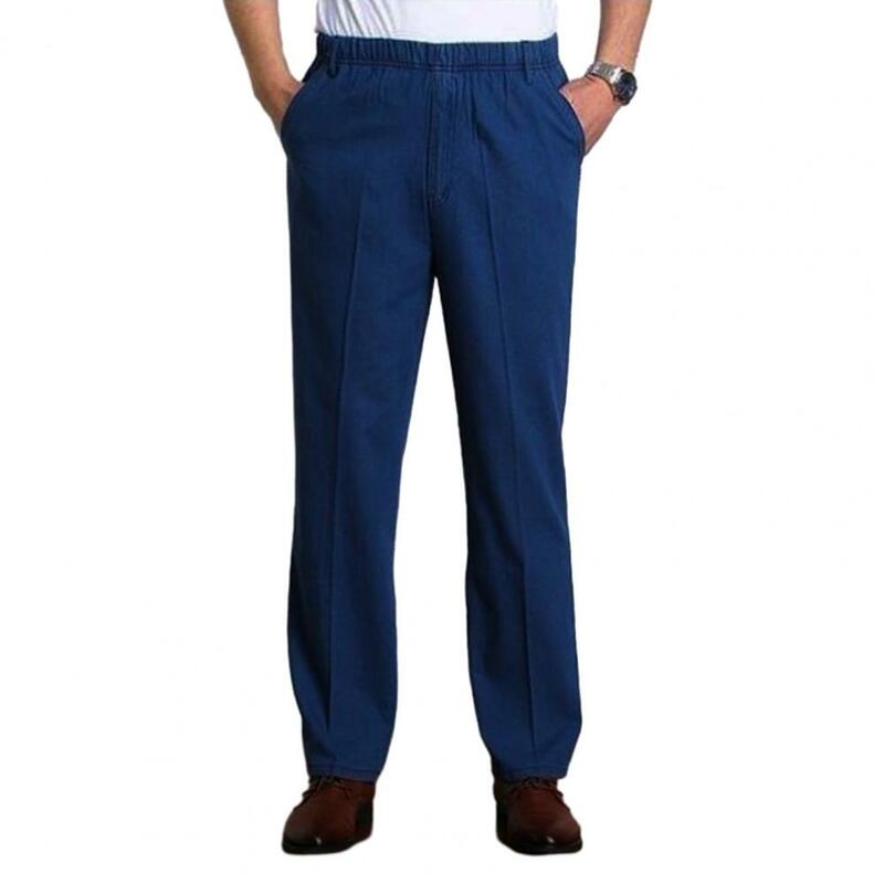 Jeans masculino de meia idade e alto estiramento, ajuste fino, cintura elástica, bolsos, comprimento do tornozelo, pernas retas, jeans de pai