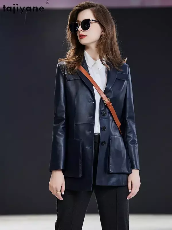 Fujiyane jaket kulit domba asli wanita, jaket kulit kasual panjang setengah, mantel kulit asli, mantel kerah renda