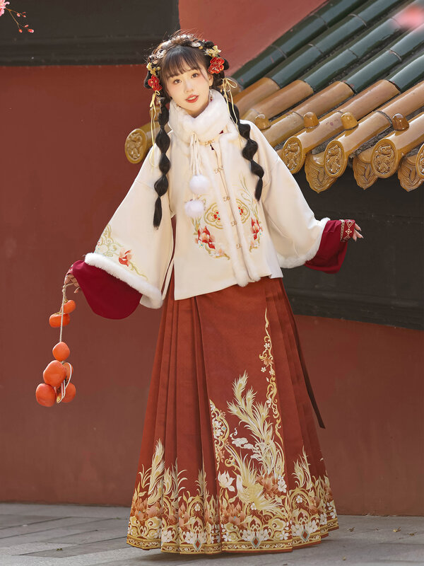 Xale de pescoço quadrado hanfu feminino, saia de cavalo, vestido de ano novo, vestido de ano novo, sistema Ming, terno outono e inverno