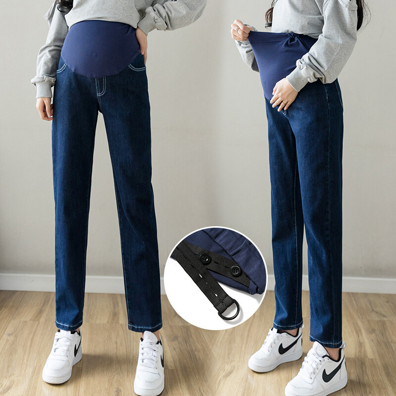 8989 # jesień nowa moda ciemnoniebieska dżinsowa proste dżinsy ciążowa elastyczna talia majtki z wysokim stanem odzież dla ciężarnych kobiet w ciąży
