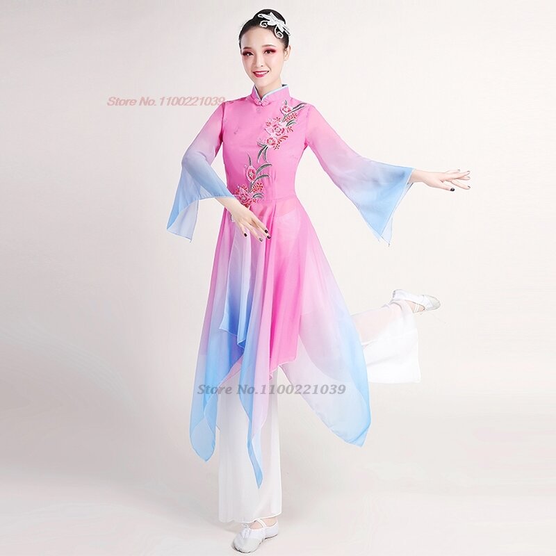 Fantasia de dança folclórica chinesa com bordados de flores, vestido de chiffon vintage, performance de palco, calças e tops qipao, vintage, 2024