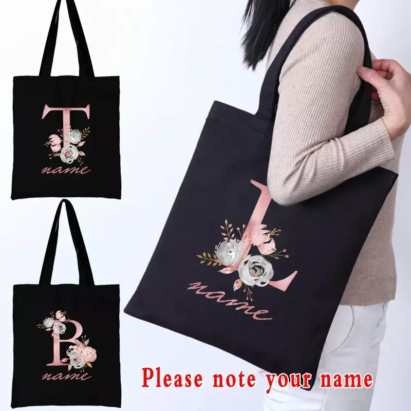TOUB024-Canvas Bolsa de Ombro para Mulheres, Carta Flor Rosa, Nome Personalizado Bolsa para Senhoras, Sacola Casual