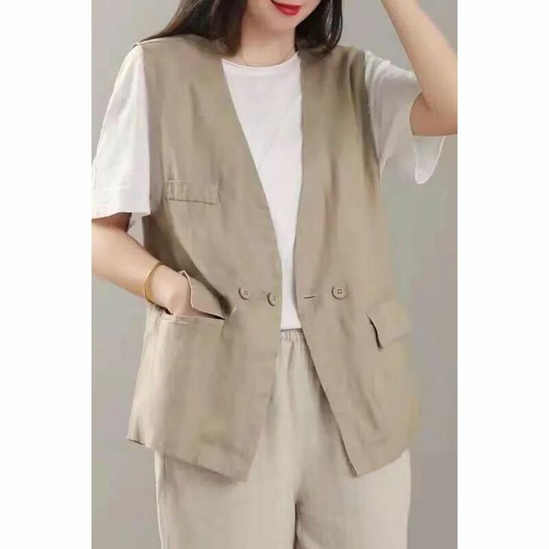 Ladies Solid Color Cardigan Spring Autumn Fashion Vintage Coat Temperament Sleeveless Comfortable Tops Pocket Women's Clothing