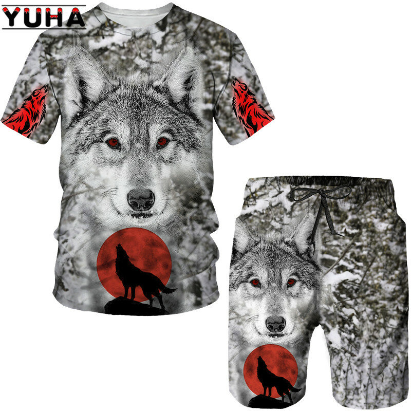 Yuha-メンズ3DプリントTシャツとショーツ,3DウルフプリントユニセックスTシャツセット,クールな動物スポーツウェア,ラウンドネック,ヒップホップスタイル
