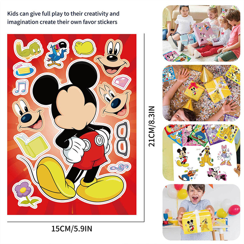 Disney-Faça um Face Puzzle Adesivos, Mickey Mouse, Pato Donald, Crianças Montam Jigsaw Toys, Jogo Engraçado Infantil, Presente de Festa, 6 Folhas, 12 Folhas