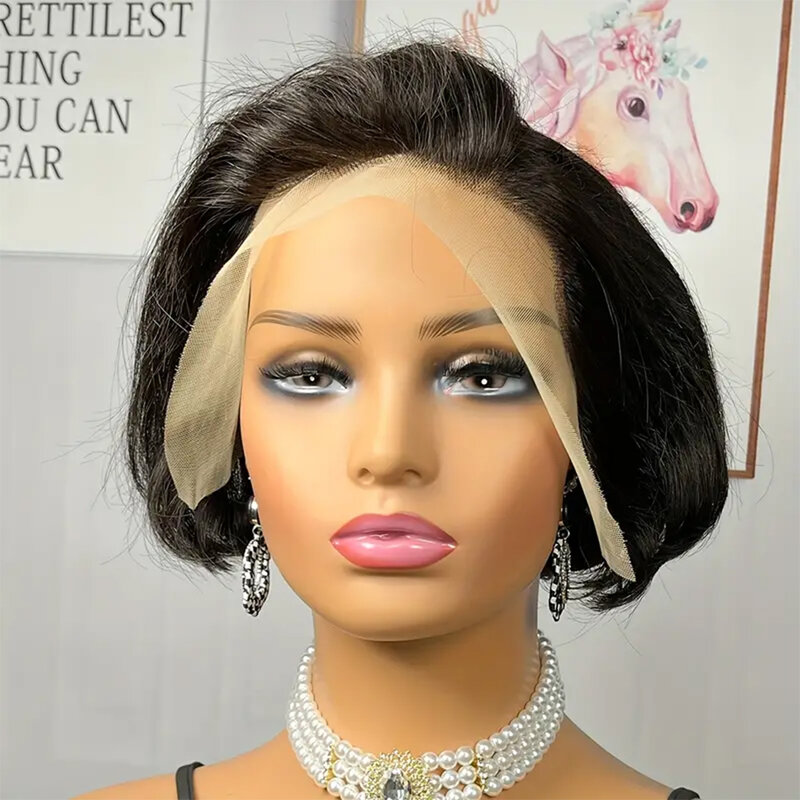 Wig potongan lurus Pixie rambut manusia Bob pendek wig 13*2 HD transparan Isee renda depan wig untuk wanita 8 inci 250 kepadatan Perruque