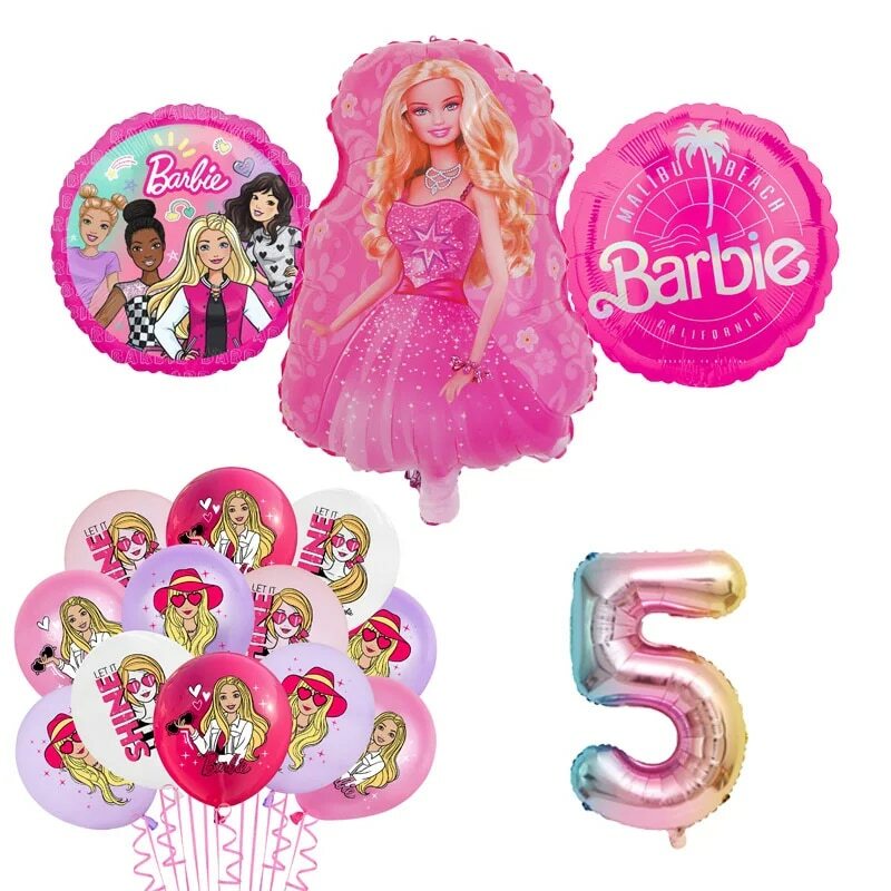 バービー誕生日パーティー用品、ピンクの女の子、使い捨て食器、バナー、カップケーキトッパーの背景、プリンセスバルーン、ギフトバッグ