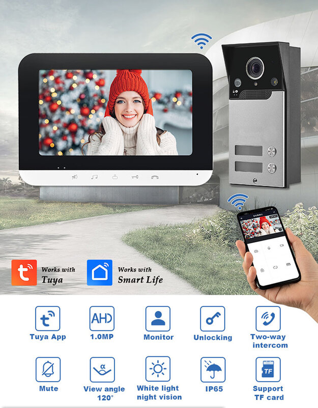 Tuya-Système d'interphone vidéo pour appartement et famille, sonnette IR, caméra étanche, contrôle d'accès, moniteurs Wi-Fi, 7 pouces, 2, 3/4