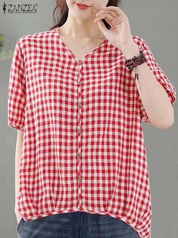 Vintage Shirt ZANZEA Women Summer Plaid Checked Blouse V Neck Short Sleeve Tops Oversize Bohemain Casual Holiday Blusas Mujer