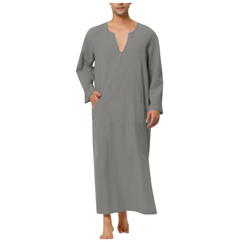 เสื้อคลุมมุสลิมผ้าลินินสำหรับผู้ชายเสื้อผ้าอิสลามอาหรับชุดเดรสคาฟตัน jubba thobe qamis Homme Islam แบบดั้งเดิม