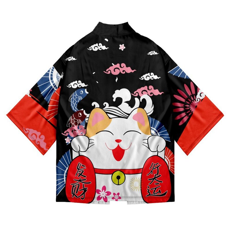 Kimono japonés Yukata Samurai para hombre y mujer, camisa con estampado de gato, cárdigan Harajuku, Kimono Haori tradicional