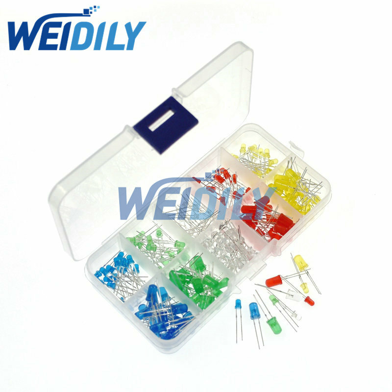 Kit de Diodo Emissor de Luz LED com Caixa, Cores Misturadas, Vermelho, Verde, Amarelo, Azul, Branco, 3mm, 5mm, 20PCs cada, 200PCs, Novo