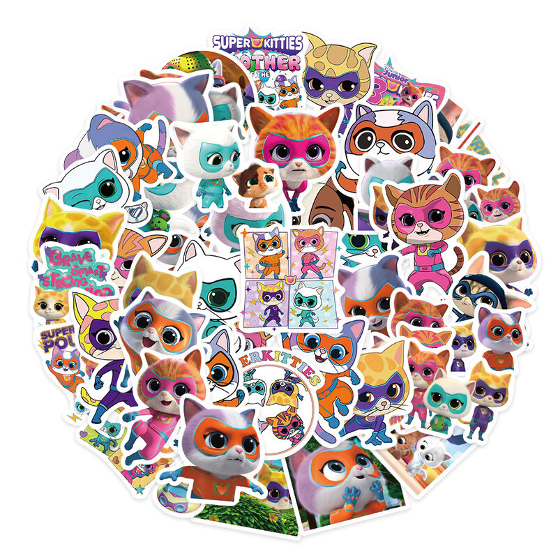 Super Kitties Cartoon Stickers para crianças, fofos, kawaii, brinquedo, telefone, garrafa de água, papelaria, diversão, anime, decalques de grafite, 10 pcs, 30 pcs, 50pcs