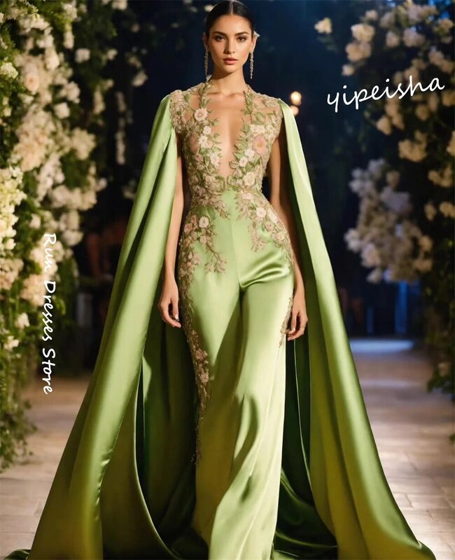 Prom Dress Evening Saudi Arabia Satin Applique Beading Ruched Beach A-line V-neck Bespoke Occasion Gown Long Dresses