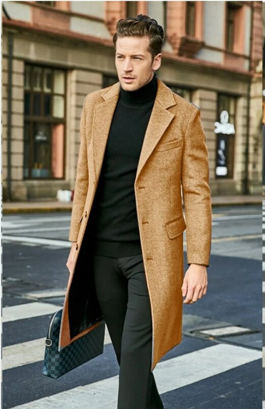 Męski wełniany płaszcz brytyjski z długimi rękawami tweedowy płaszcz jesienno-zimowy tweedowy płaszcz Trend męska kurtka