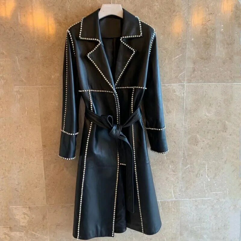 Jaqueta longa de couro genuíno para mulheres, casaco luxuoso de diamante, jaqueta de pista feminina, rua alta, sashe2024
