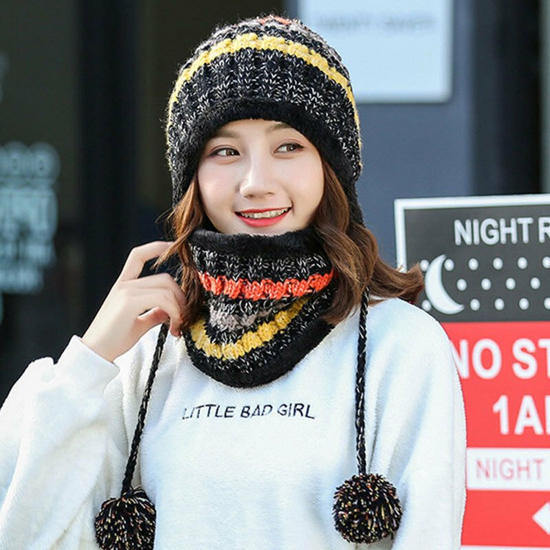 엑스트라 플리스 두꺼운 니트 귀 보호 모자, 한국 버전, 세련된 헤어볼 모자, 야외 따뜻한 여성 세트