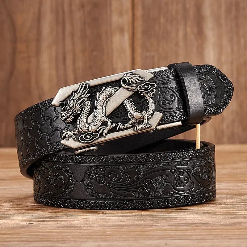 2024New Fashion Embossing Retro Male Belts for Men Business Cowhide Genuine Leather Belt Dragon Pattern Z Automatic Buckle Strap