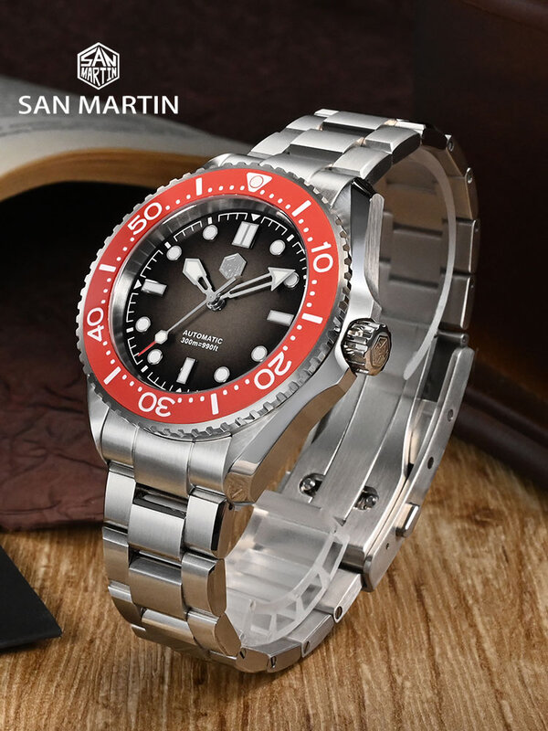 San Martin nowe zaktualizowane męskie urządzenie zegarek do nurkowania hel NH35 automatyczne mechaniczne luksusowe Vintage gradientowe tarcze wodoodporne 300m