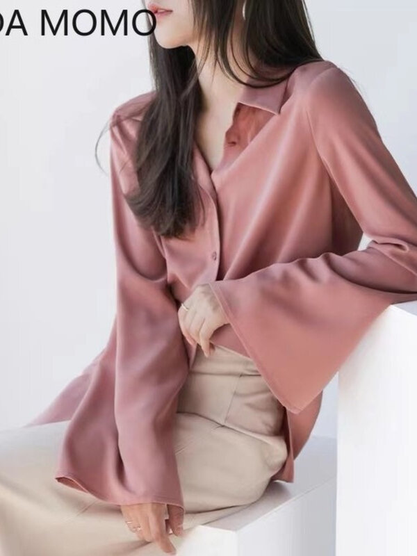 Blus Lengan Suar Panjang Fashion Wanita Kaus Longgar Solid Elegan Atasan Kasual Musim Gugur Wanita Streetwear Leher V Seksi Wanita Kantor