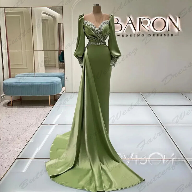 Gaun Prom manik-manik putri duyung yang menakjubkan gaun malam Sweetheart tipis jubah Satin kereta api Applique Lengan Panjang 2024