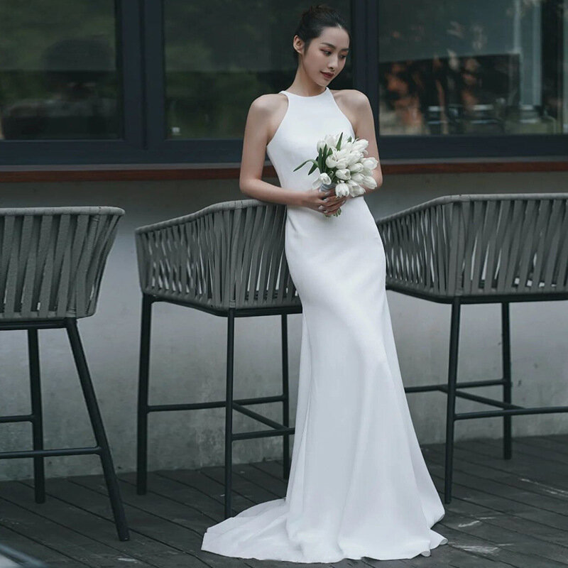 Suknia ślubna Harajpoo nowa 2024 panna młoda z lekkiej gazy biała satynowa prosta fotografia z ogonem typu Fishtail
